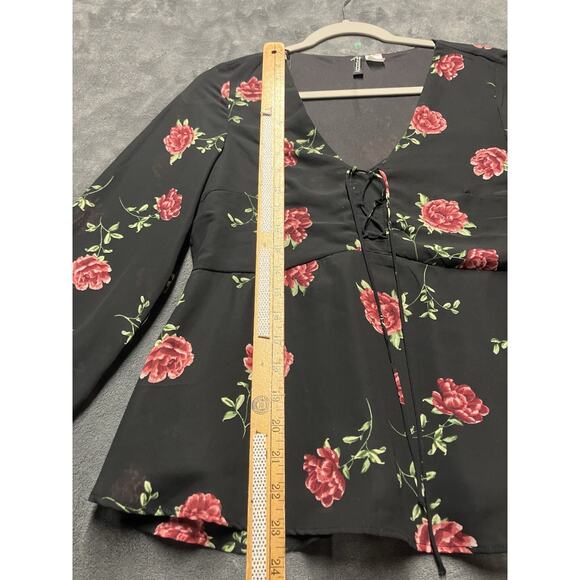 Divided H&M Blouse Woman’s Sz 2 Black Floral Whimsy Goth Romantic Peplum Babydol - Picture 2 of 9